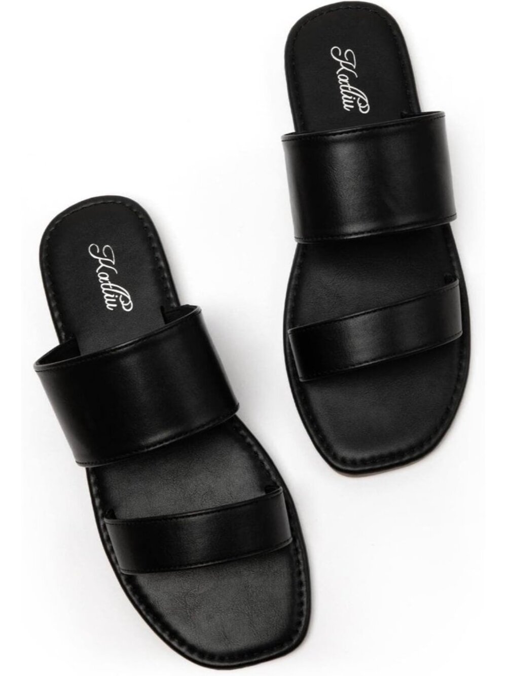 Women's Black Open Square Toe Two Strap Slide Slip On Flat Casual Sandal Shoes